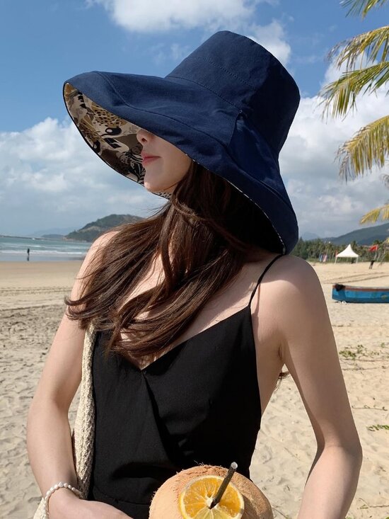 Women Wide Brim Summer Sun Hat Wired Edge Beach Bucket Fishing Hats Navy main image 7